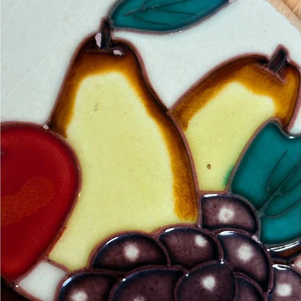 Vintage Fruit Themed Ceramic Tile Trivet Wall Decor on Rattan